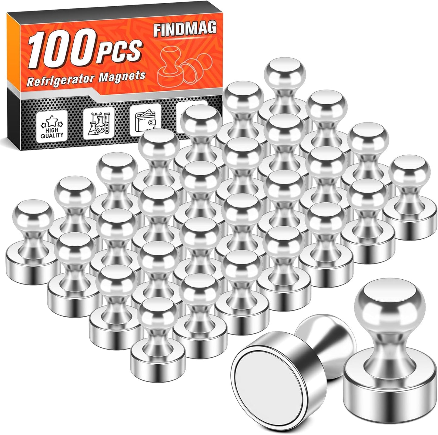 FINDMAG Magnets Refrigerator, 100 Pack Silver Neodymium Whiteboard Magnet, Decorative Magnets for Dry Erase Board, Small Strong Refrigerator Magnet for Office, Kitchen, Classroom, Locker Accessories
