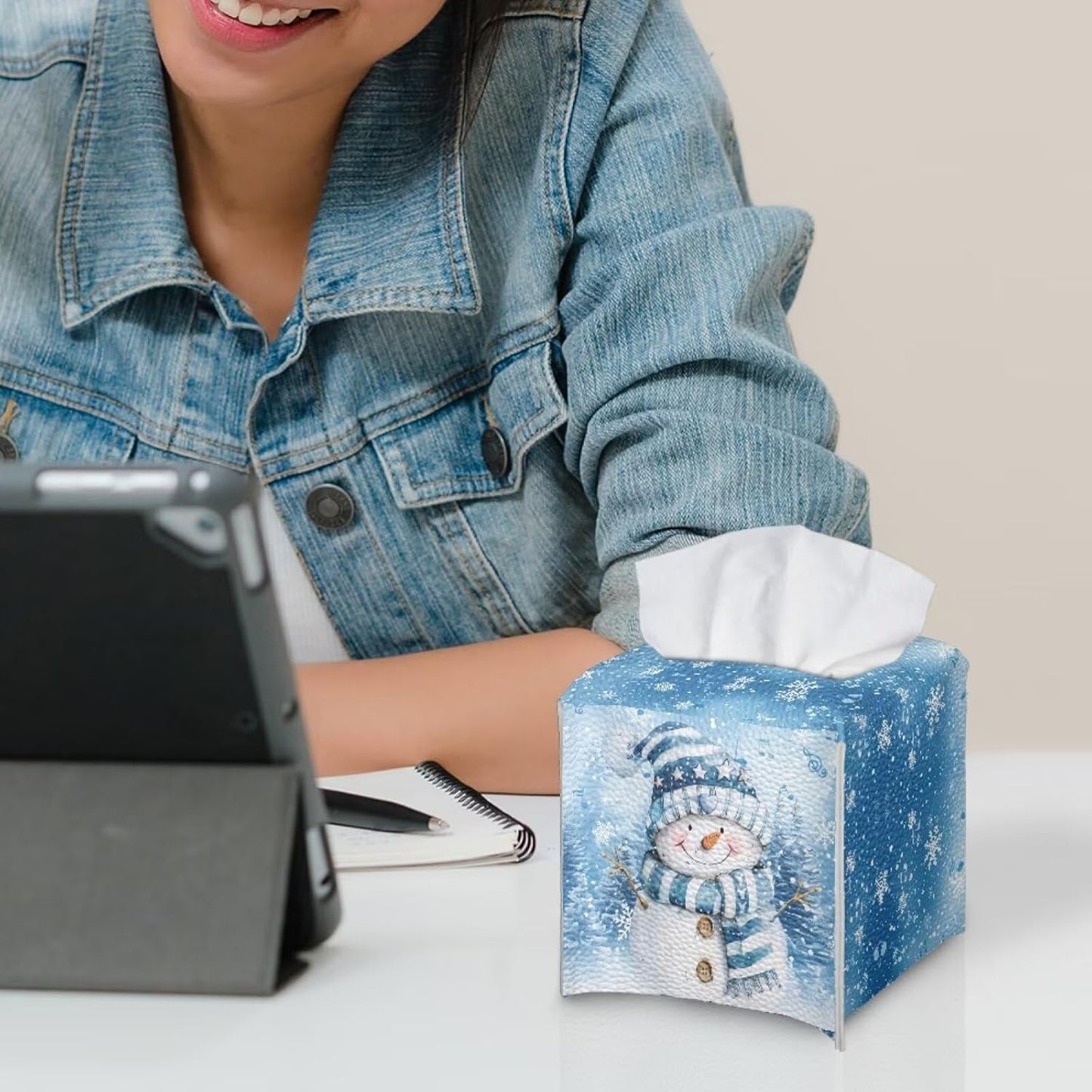 Cute Snowman Tissue Box Cover Christmas Tissue Cover Square Leather Facial Paper Box Holder for Desk Bathroom Vanity Countertop 5x5x5 inch Holiday Home Decor