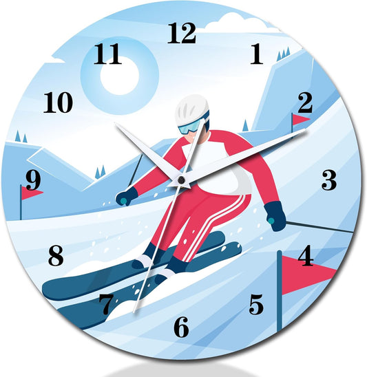 12 Inch Sports Wall Clocks with Silent Clock Movement and Battery Operated, Great Decor for Bedroom, Living Room or Classroom (Skiing Wall Clock)
