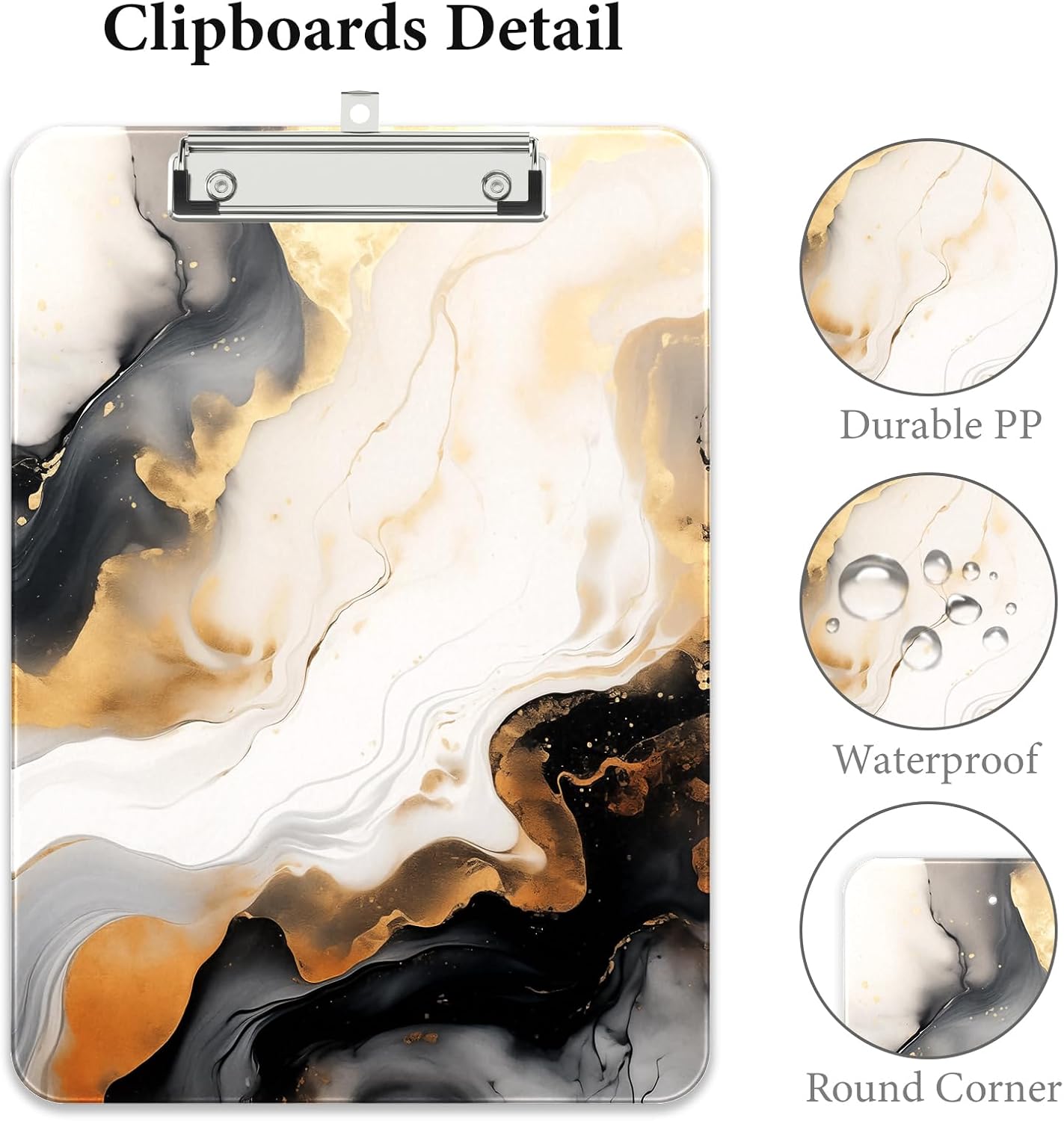 Rimilak Plastic Clipboards with Metal Clip, A4 Letter Size 9 x 12.5 in, Office Decorative for Students Women Men and Kids, Cute Custom Pattern, White Gold Marble