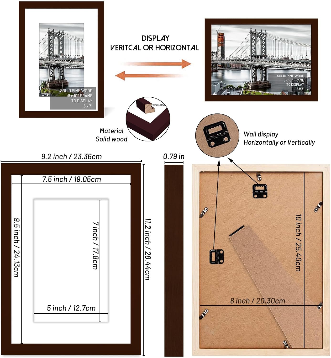 8x10 Picture Frames Solid Wood Display Pictures 5x7 or 8x10 Frame Poster Photo Frame Art with 1 Mat for Wall Mounting or Table Top (Brown)