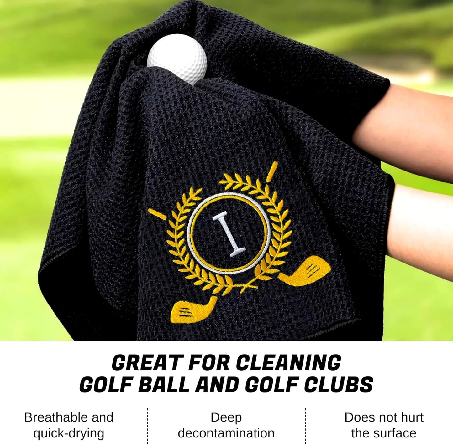 Personalized Golf Towels for Golf Bags - Microfiber Monogrammed Golf Towels for Men/Women, Retractable Brush Tool Kit with Club Groove Cleaner, Custom Golf Accessories for Golfers (Initial I)