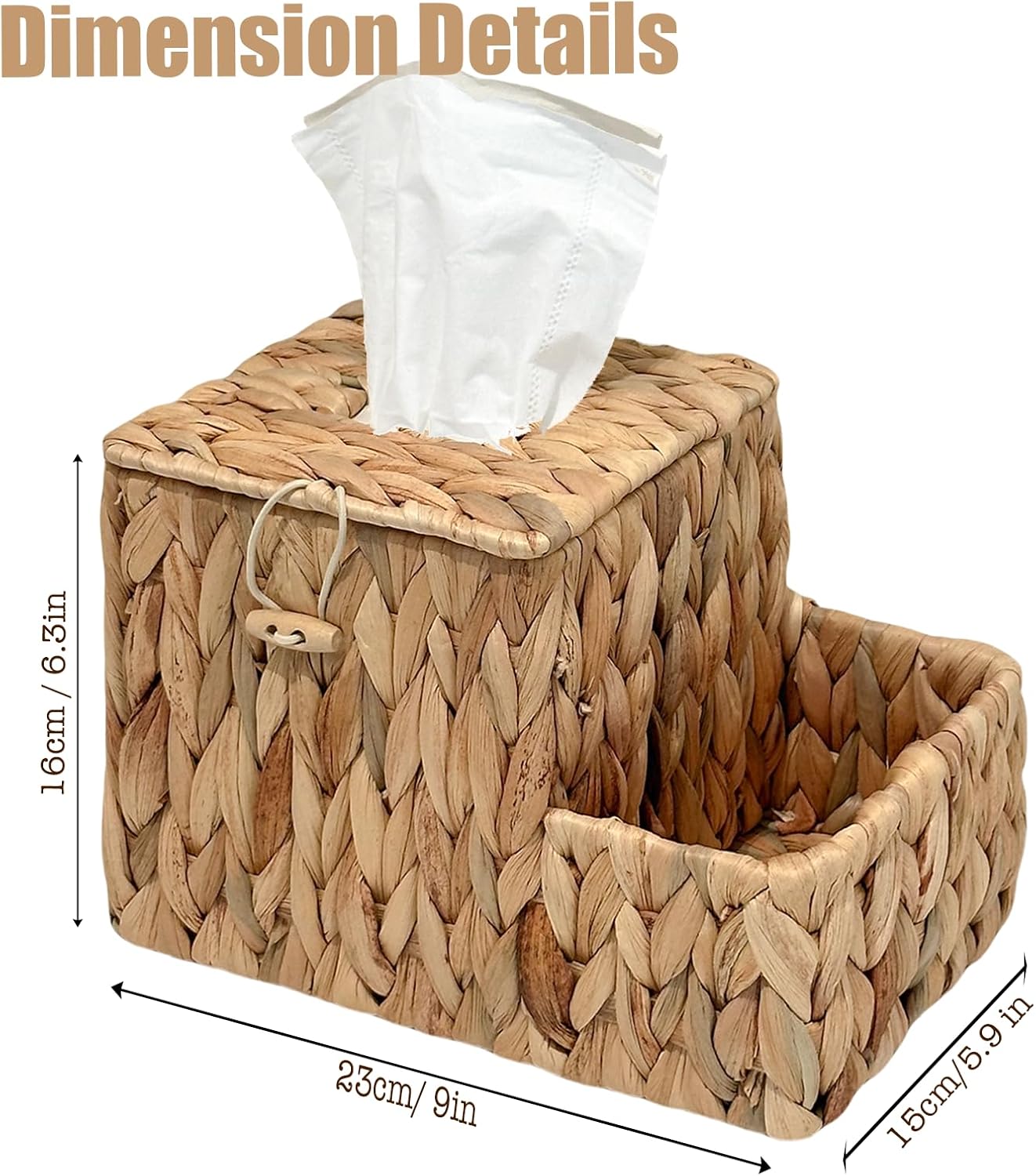 PINXIURY Water Hyacinth Tissue Box Cover Square, Tissue Box Holder, Tissue Box with Remote Organizer, Bedside Organizer, Remote Holder for Bedroom, Livingroom, Office