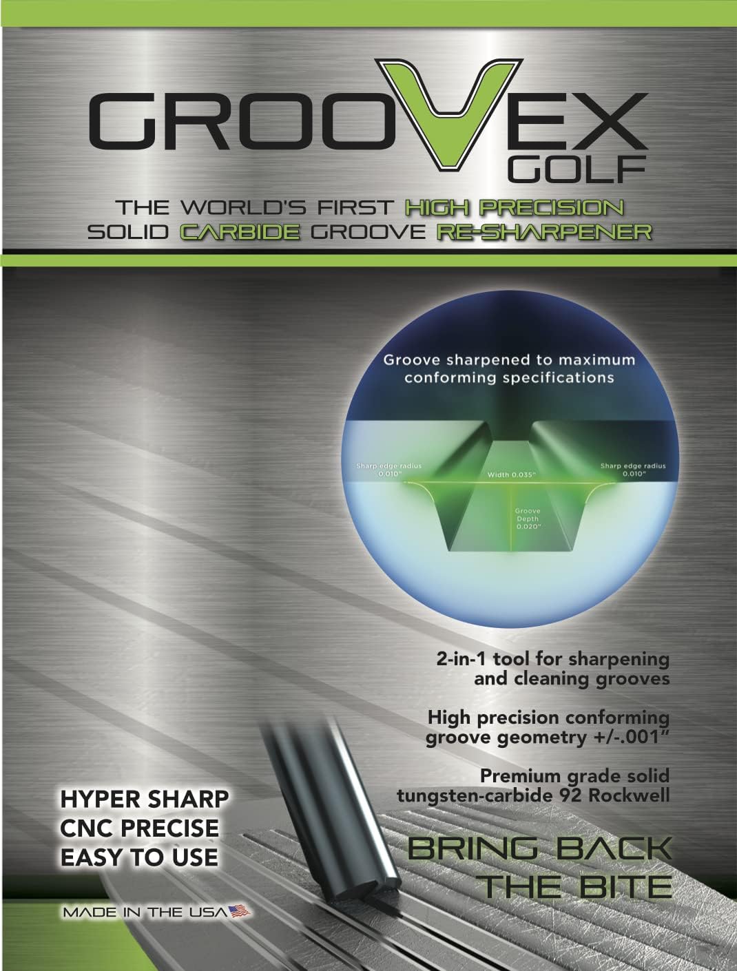 GrooVex Golf High Precision Carbide Groove Sharpener, Maximum conforming Groove Geometry (.035" W .020" D .010" Edge Radius)