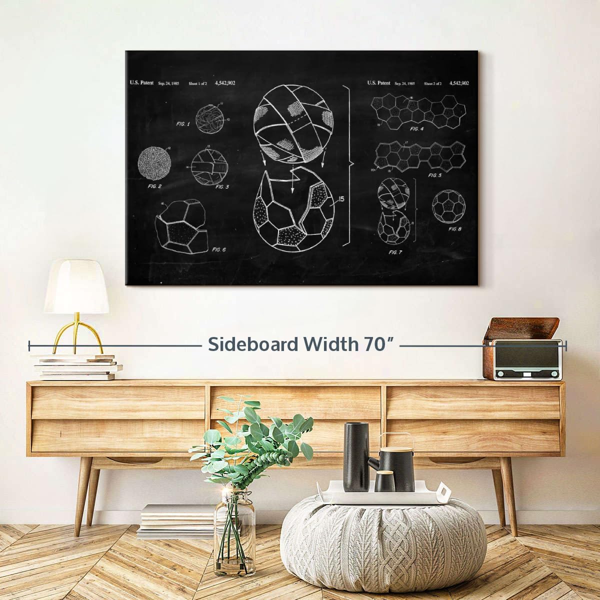 ElephantStock Soccer Ball BW Patent Canvas - 1 Panel Sports Patent Wall Art Decor - Sports Decorations for Boys Room - Wall Art and Office Decor - 48" X 32"