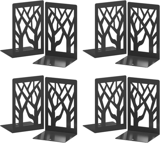 VFINE Metal Bookends, 8 Pieces Tree Design Bookends for Shelves, Black Book Ends for Desk, Bookshelf Bookends Decoration Stylish Metal Book Ends for Home Office