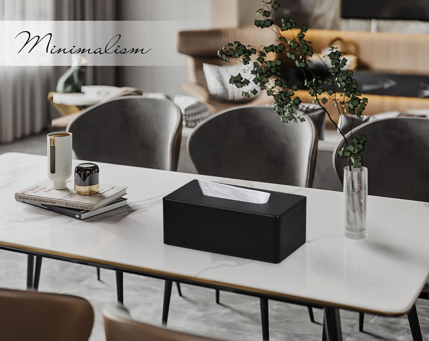 Tissue Box Cover Rectangular 9.8"(L) x 5.3"(W) x 4.3"(H) Refined Modern PU Leather Facial Tissue Dispenser Box Holder for Dresser Bathroom Decorative (Black)