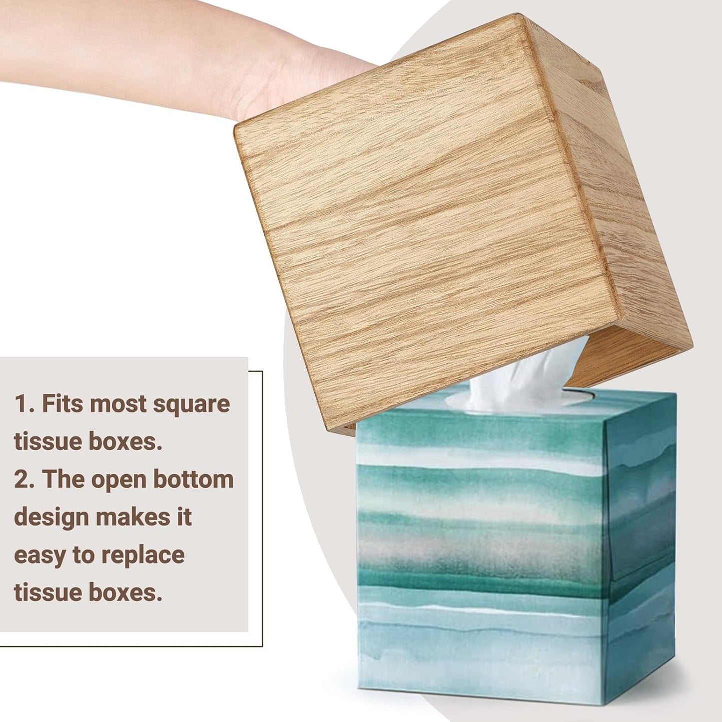 Mkono Tissue Box Cover Square Open-Bottom Wood Tissue Box Holder Decorative Facial Cube Organizer Modern Farmhouse Decor for Bathroom Bedroom Dresser Living Room Office Dorm, Natural
