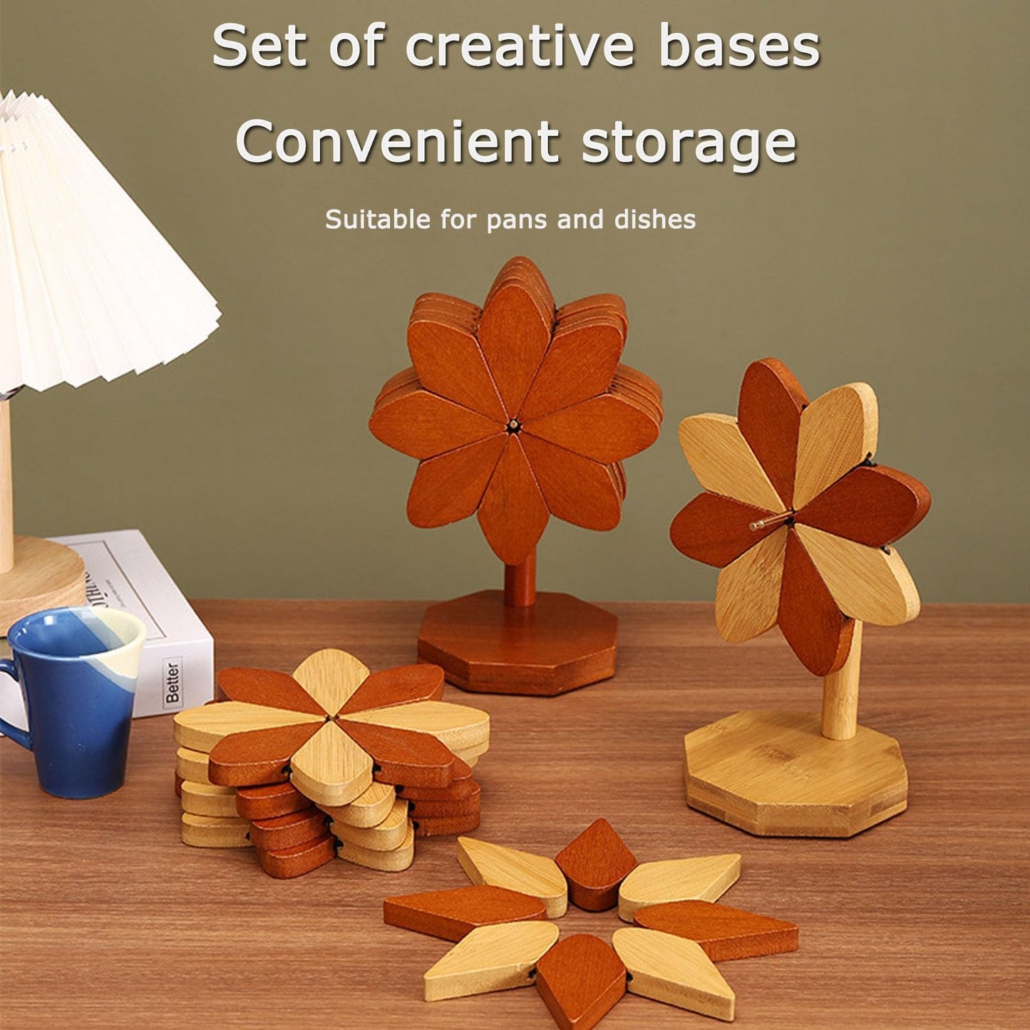 5 Wooden Trivets for Hot Dishes,Pinwheels Shape Trivet Set,+1 Stand,Trivets for Hot Dishes,Natural Foldable Kitchen Wooden Trivet,for Hot Dishes,Pot,Bowl,Teapot,Valentine Decorations