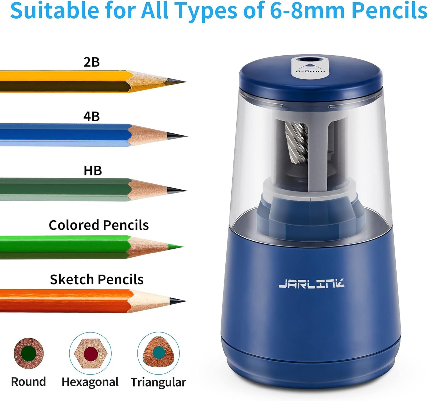 JARLINK Electric Pencil Sharpener, Heavy-Duty Helical Blade to Fast Sharpen, Auto Stop for No.2/Colored Pencils(6-8mm), AC Adapter/Battery Operated in School Classroom/Office/Home (Blue)