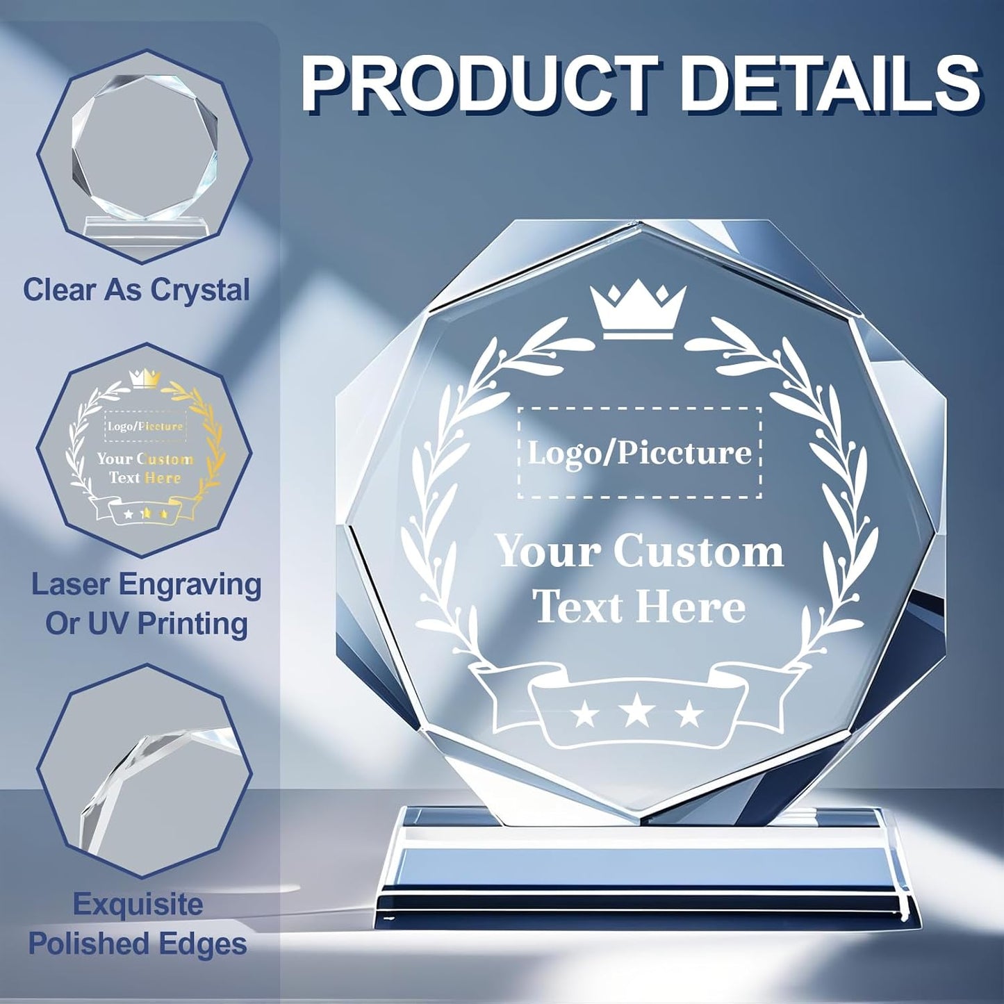Personalized Crystal Trophy Award - Custom Plaque w/Engraved Text Logo - Employee Appreciation Gifts, Farewell Retirement Gifts - Custom Trophy and Employee Recognition Awards