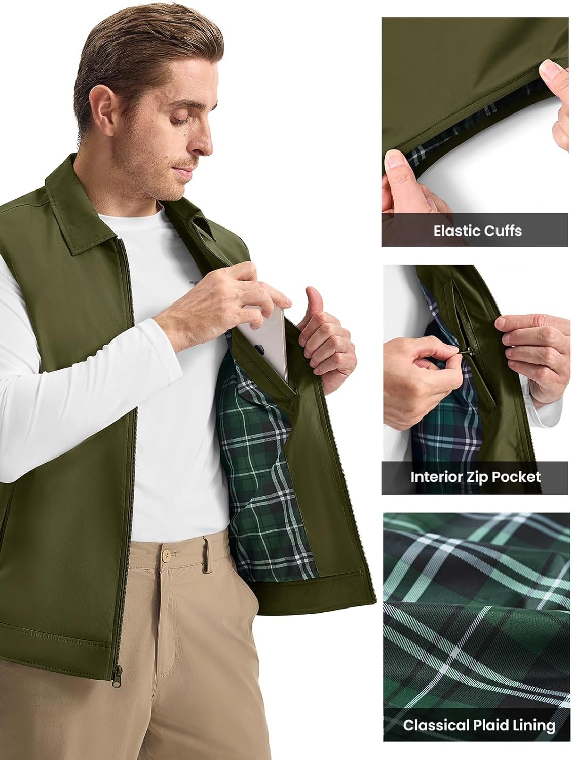 Rdruko Men's Golf Vest Lightweight Outerwear Windproof Water Resistant Grid Lining Vest with Zipper Pockets for Casual