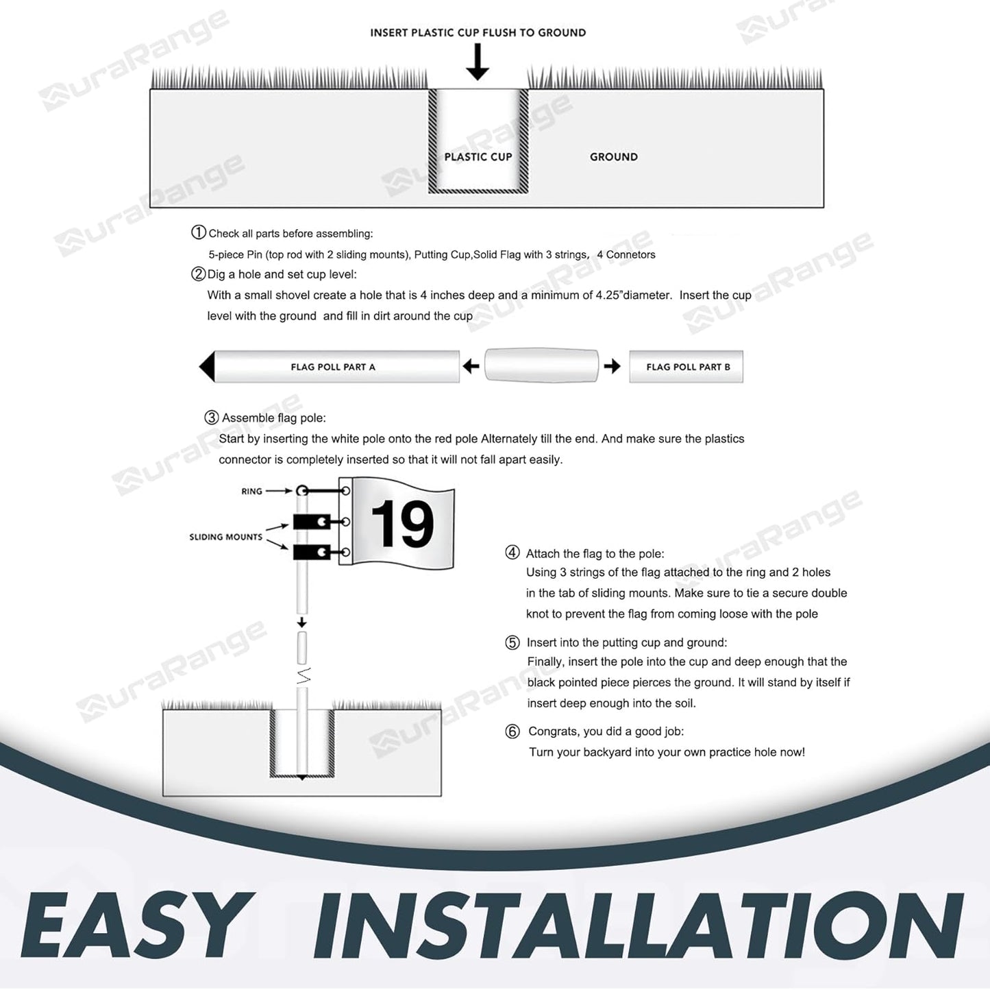 Golf Flagstick 6ft, 5-Section Design, ABS Hole Cup, 420D Nylon Flag for Backyard Practice Putting Green | Driving Range | Country Club, Gift for Golf Lovers