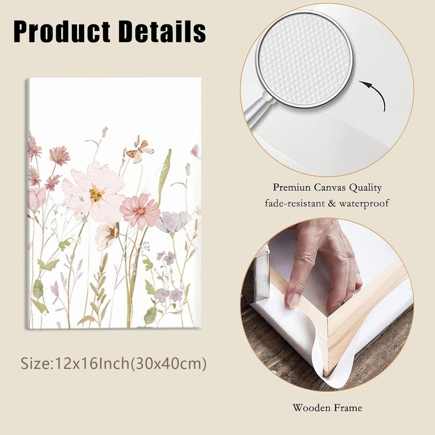 MTFBWY Floral Canvas Wall Art Flower Framed Art Prints Set of 3 Pink Wildflower Printing Botanical Nursery Pictures Wall Decor Artwork for Living Room Bedroom Bathroom 12x16in