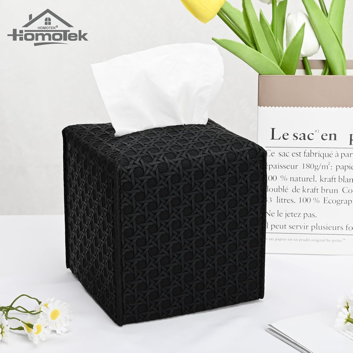 HOMOTEK 2 Pack Tissue Box Cover, Square PU Leather Tissue Holder, Decorative Facial Tissue Cube Paper Organizer Dispenser for Bathroom, Night Stands, Desk, Car 5X5X5'' - Rattan Weave,Dark Black