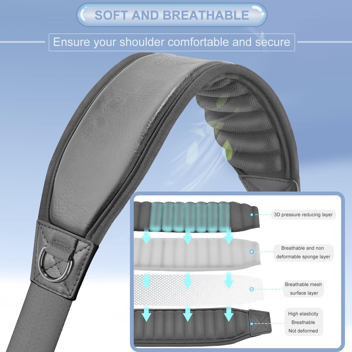 ZINZ 3D Air Cushion 58 inch Strap for Bags with Fixed Ultra-Thick Padded Breathable, Universal Strap with Double Adjustable Buckles and Swivel Hooks for D-ring Bags,Gray