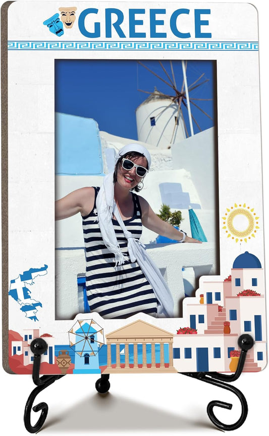 Greece Travel Picture Frame, 5 x 8 Greece Themed Wooden Photo Frame with Stand, Vacation Anniversary Honeymoon Gifts For Friend Family Couples, Home Office Desk Decorations-A21