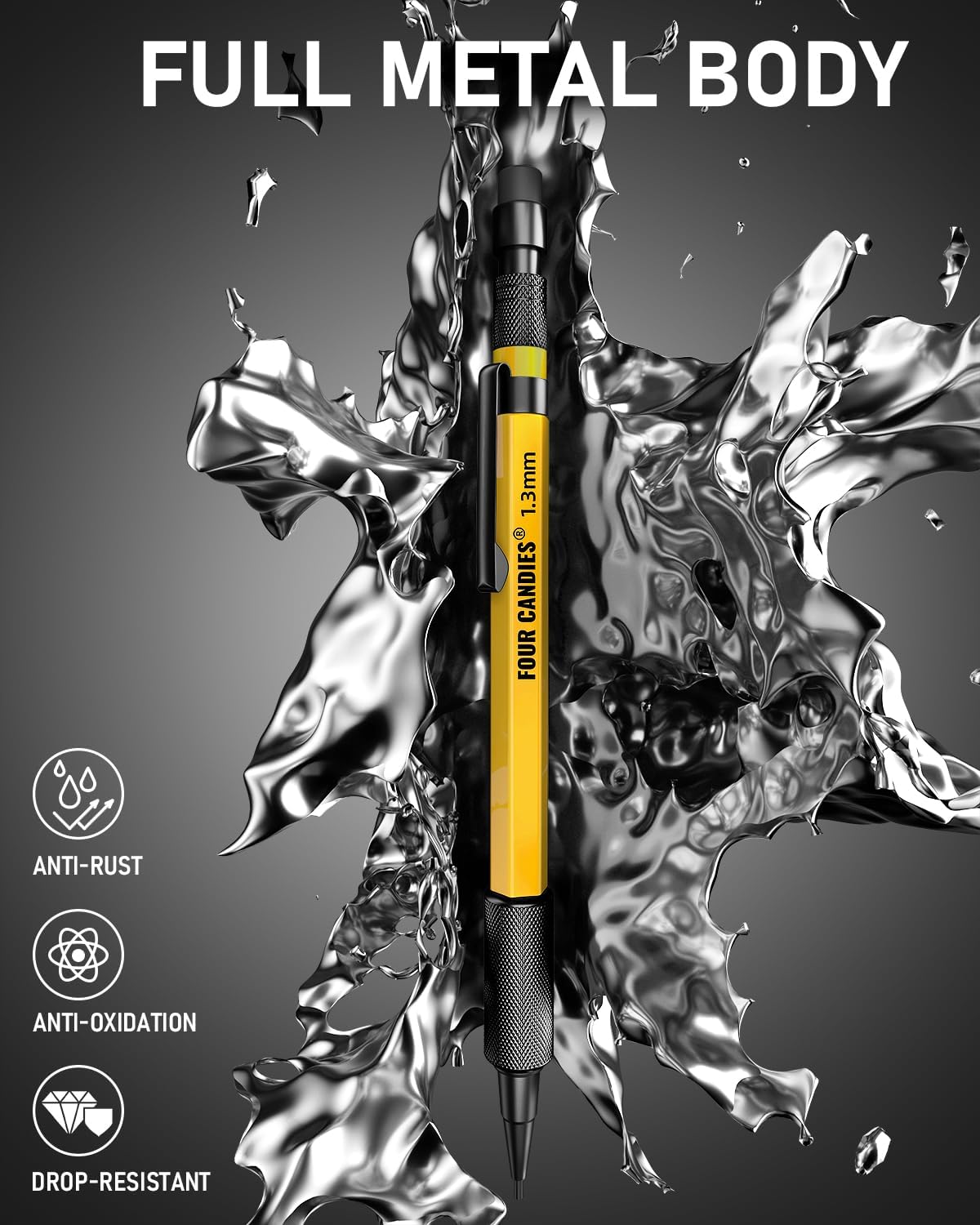 Four Candies 1.3mm Mechanical Pencil Set with 24 Lead Refills, Metal Weatherproof Heavy Duty Outdoor Carpenter Pencil, Eraser, 6 Eraser Refills for Architect Drafting Woodworking Marking with Case