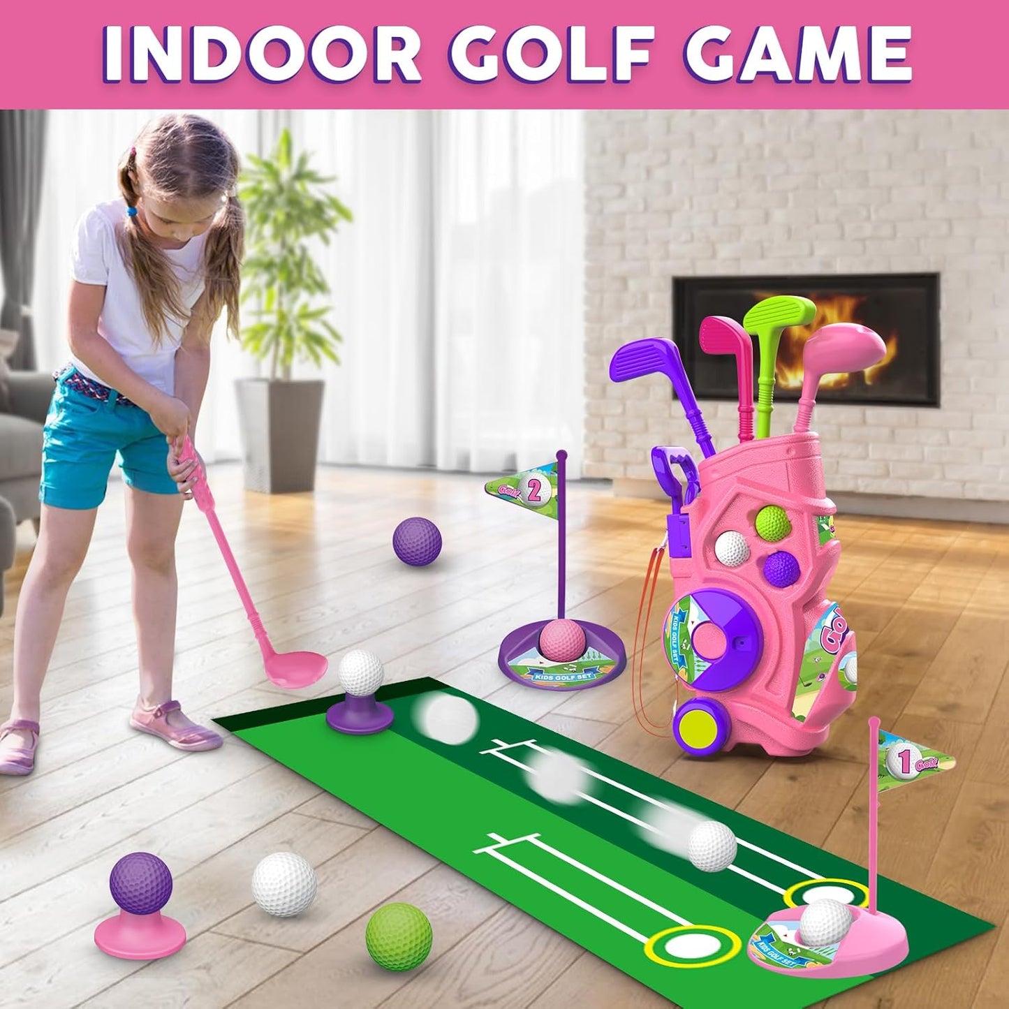 Letapapa Toddler Golf Set with Putting Mat, 4 Clubs, 8 Balls, 2 Practice Holes for Kids 3-5 Years Old, Indoor Outdoor Sports Toys with Shoulder Strap, 20 Pieces