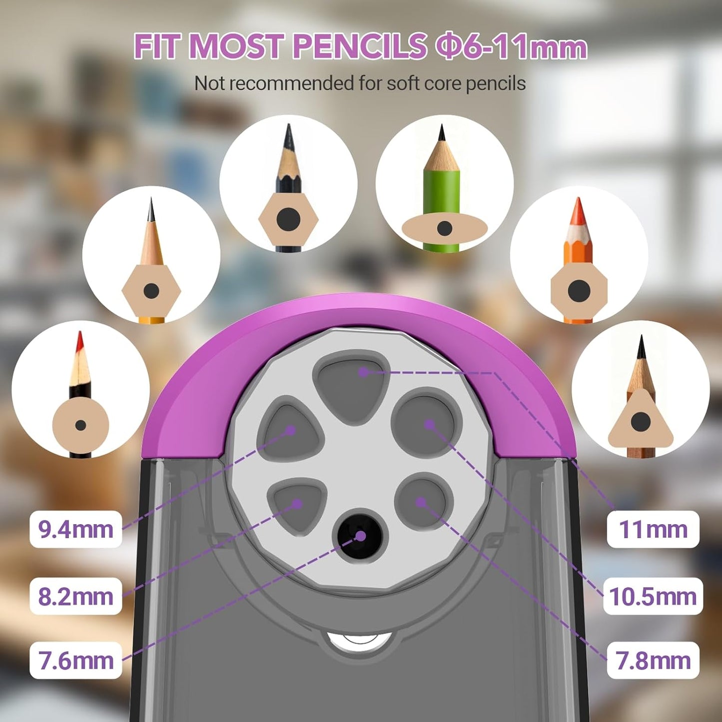 AFMAT PSD2 Electric Pencil Sharpener Heavy Duty, 6 Holes, Cordless & Rechargeable, Fast Sharpen, Auto Stop, 10K+ Uses, Classroom Pencil Sharpener for 6-11mm No.2/Large/Colored Pencils, Purple