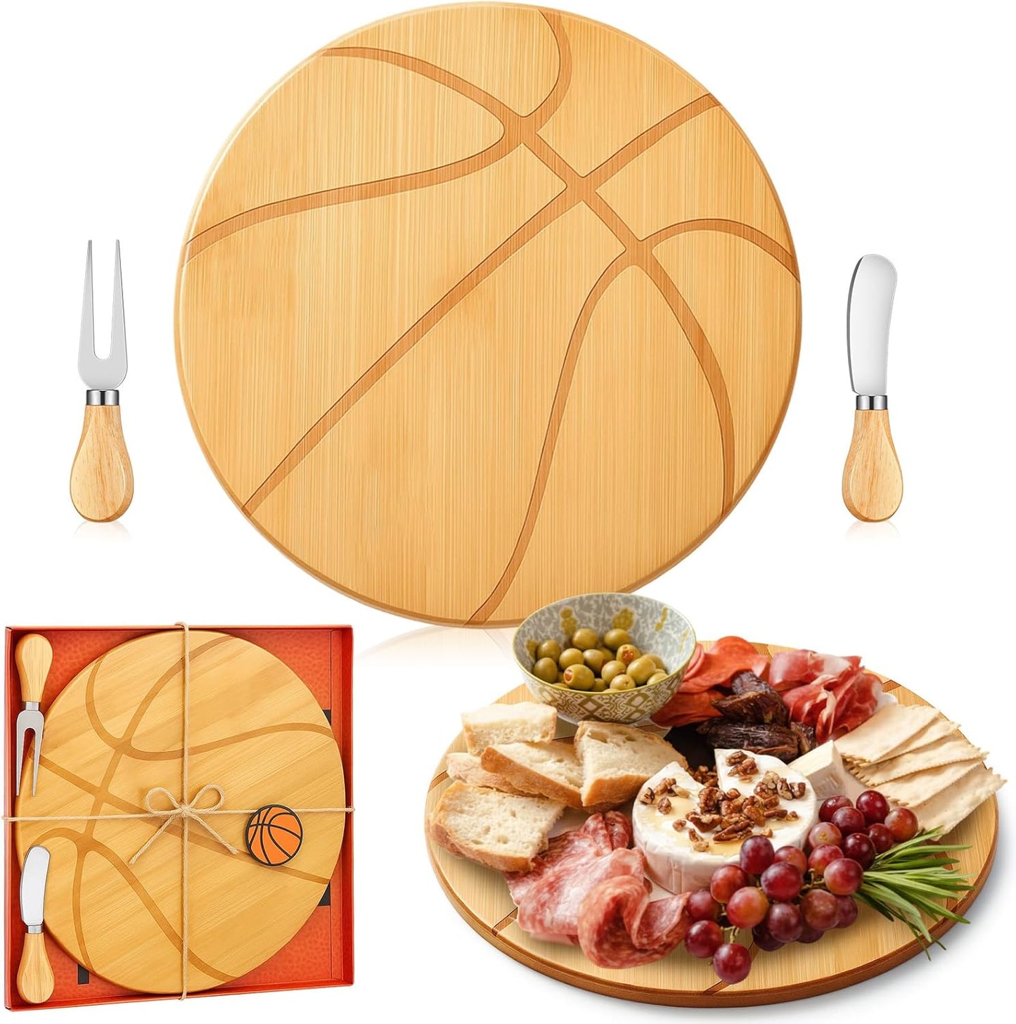 Basketball Cheese Board Gift Set Party Favor Prizes Charcuterie Wood Board with Knives and Box Father Day Gift for Dad Grandpa Party Tournament Game(Bamboo Wood, Basketball)