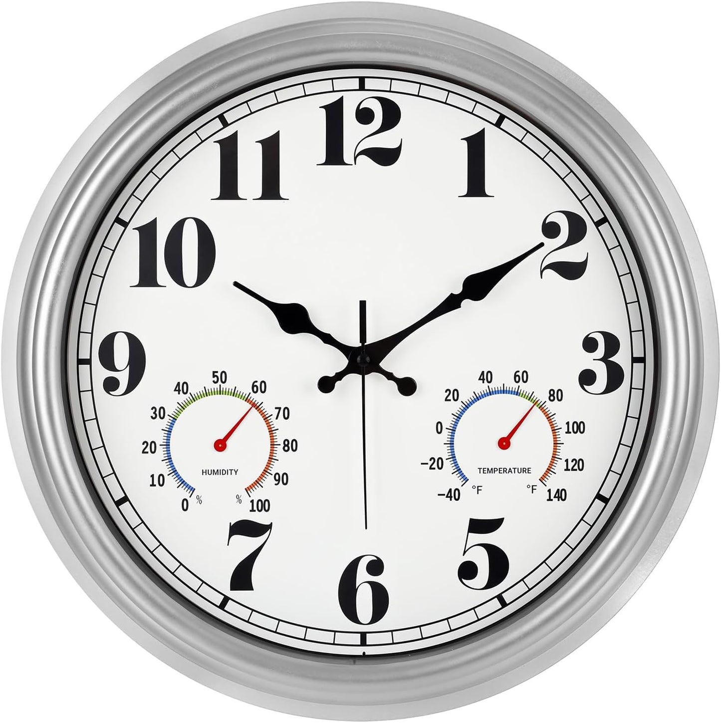JENLYSTIME 16 Inch Silver Vintage Waterproof Indoor/Outdoor Wall Clock with Thermometer & Hygrometer, Large Numerals & Silent Sweep Movement - Ideal for Porch, Garden, Pool