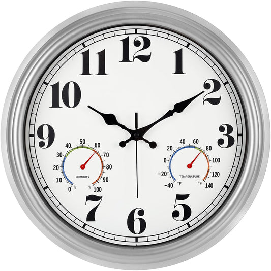JENLYSTIME 16 Inch Silver Vintage Waterproof Indoor/Outdoor Wall Clock with Thermometer & Hygrometer, Large Numerals & Silent Sweep Movement - Ideal for Porch, Garden, Pool