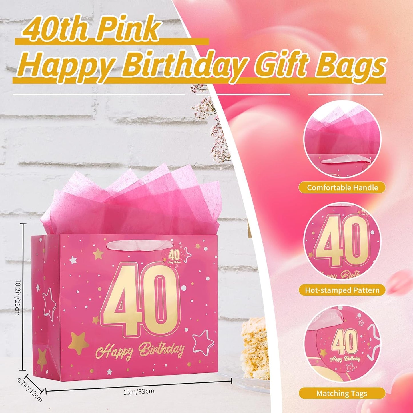 Powbrace 13" Pink Happy Birthday Gift Bag with Tissue Paper and Greeting Card for Party,Happy Birthday Gift Bag for Men Women,Gift Bags Medium size(1 Pink 40th)
