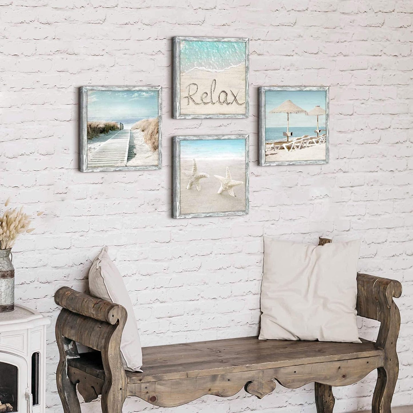 Ocean Framed Wood Wall Art: Beach Picture Seascape Artwork Coastal Prints Starfish Boardwalk Art Collection Wall Decor Set of 4 for Bathroom