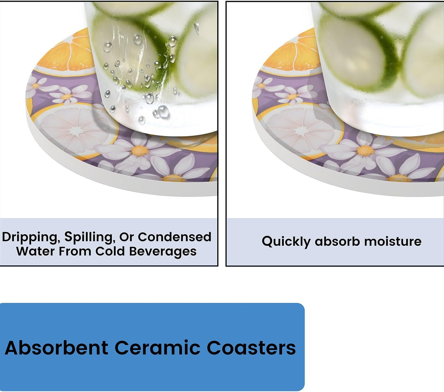 Ceramic Coasters for Drinks with Cork Back, Citrus Slice Daisy 4 Inch Absorbent Coaster Set 2 Pack, Quick Dry Non-Slip Coaster Mats for Home, Office, Bar