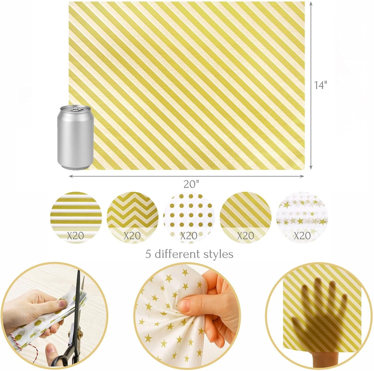 Koogel 100 Sheets Tissue Paper, 20 x 14 Inch White Gold Tissue Paper for Gift Bags, Stars and Stripes Pattern for Christmas Gift Wrapping and DIY Crafts