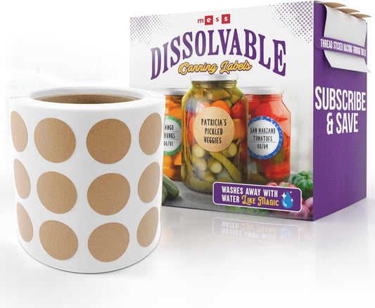 MESS Dissolvable Canning Labels, 0.5" Round, 200-Pack – Removable Kraft Mason Jar Stickers for Homemade Jam, Food Storage & Containers