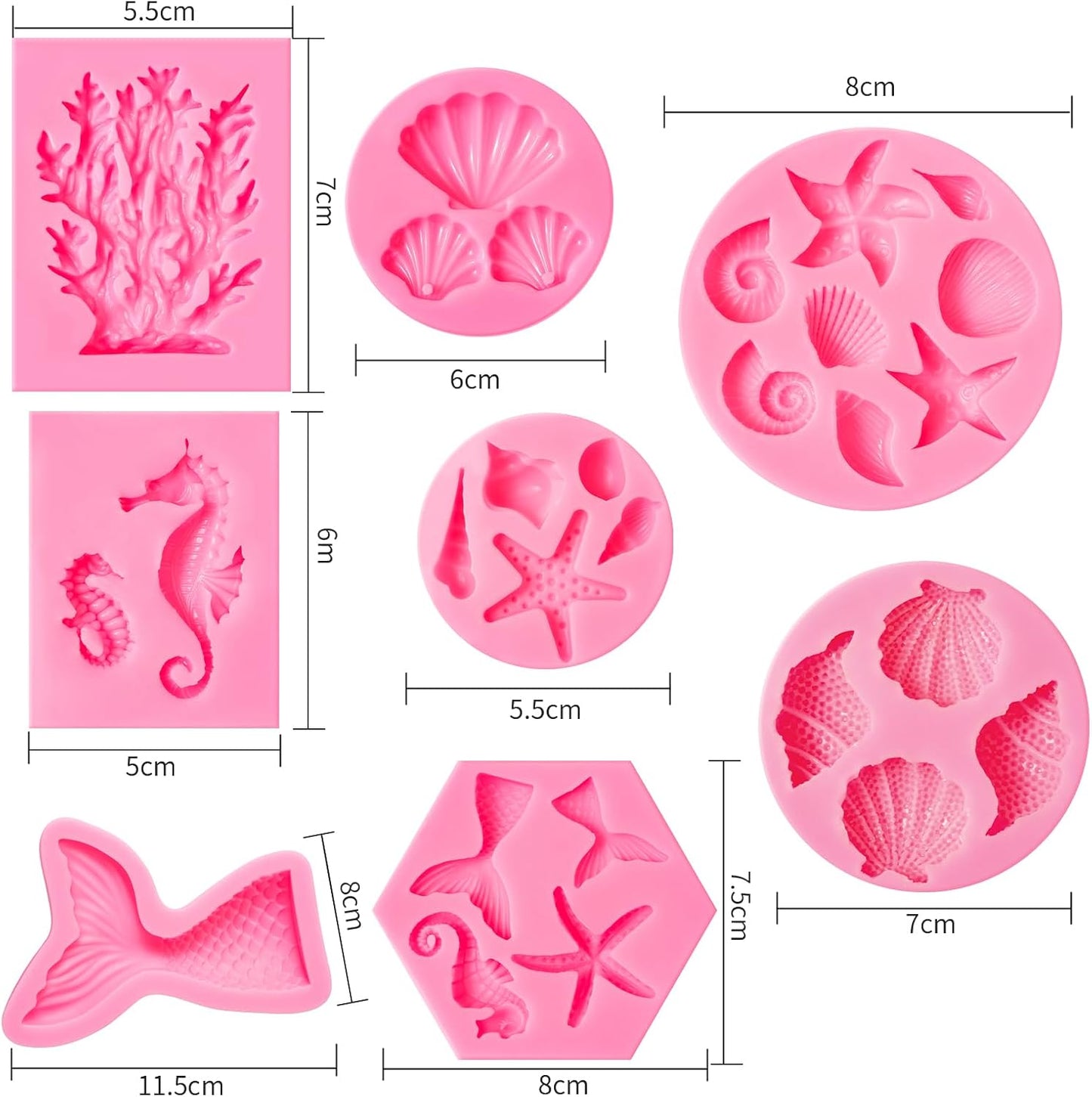 Elfkitwang Marine Theme Fondant Silicone Mold,Seashell,conch, Mermaid Tail,Seahorse,starfish,coral, DIY Handmade Baking Tools for Mermaid Theme Cake Decoration