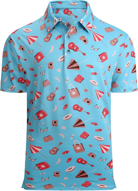 Alex Vando Mens Hawaiian Golf Shirt Moisture Wicking Digital Print Golf Shirts for Men
