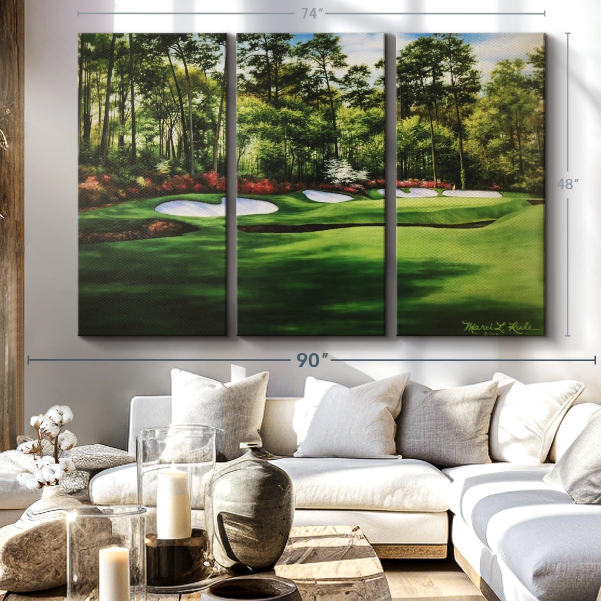 ElephantStock Augusta National 13th Hole I Wall Art - Horizontal Canvas - 3-Piece Living Room Wall Decor - Painting Sports Canvas Print - Green and Red Decor for Wall by Marci Rule - 74" X 48"