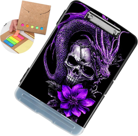 Clipboard with Storage - Large Capacity,Nursing Clipboard with Pen Holder,Heavy Duty,Plastic Side-Opening Folder for Teacher,Nurse - Purple Dragon Skull