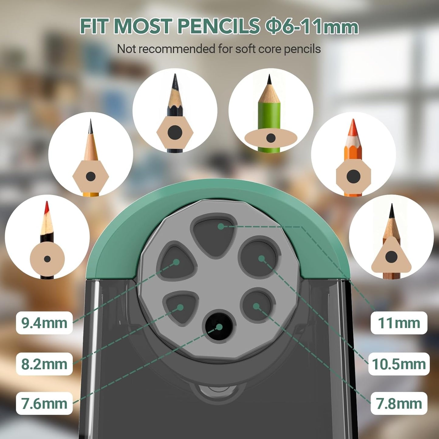 AFMAT PSD2 Electric Pencil Sharpener Heavy Duty, 6 Holes, Cordless & Rechargeable, Fast Sharpen, Auto Stop, 10K+ Uses, Classroom Pencil Sharpener for 6-11mm No.2/Large/Colored Pencils, Green