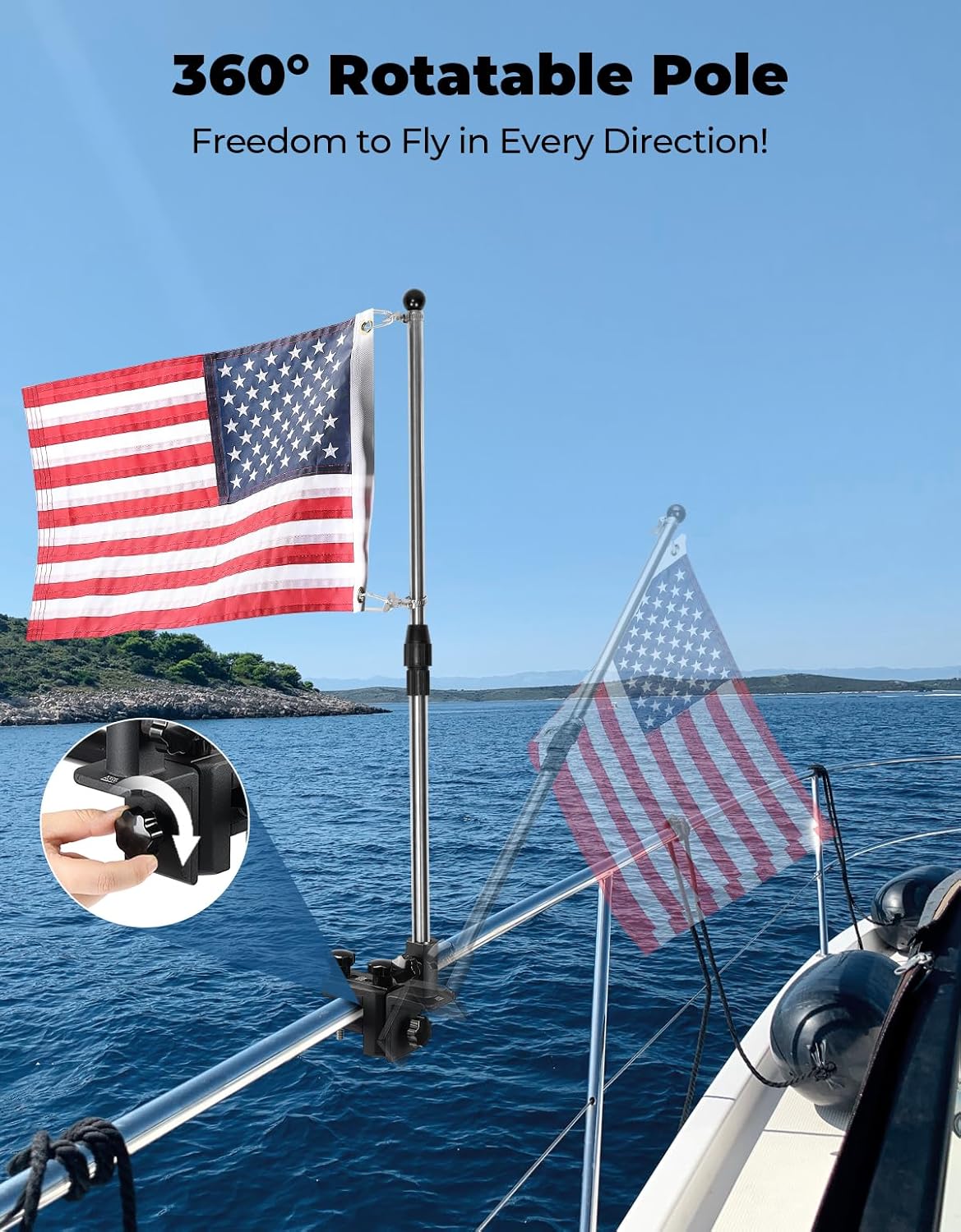 KEMIMOTO Stainless Steel Boat Flag Holder, 360° Rotating Boat Flag Pole Kit, Flag Pole Holder for 0.5''-1.75'' Round/Square Rails, for 12''x18''/8‘’x12''/4''x6'' Boat/Golf Cart Flag (2.5ft, NO Flag)