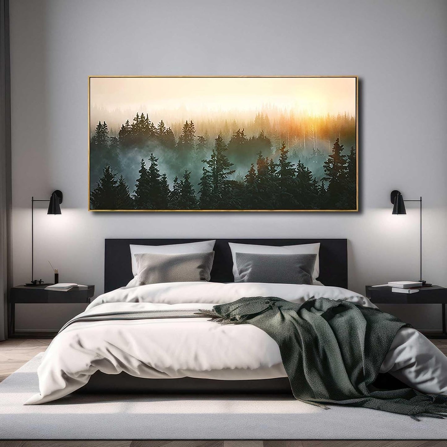 YJYart Large Foggy Forest Canvas Wall Art Landscape Mountain Painting 30x60 Inch Framed Wall Art for Bedroom Living Room Kitchen Office