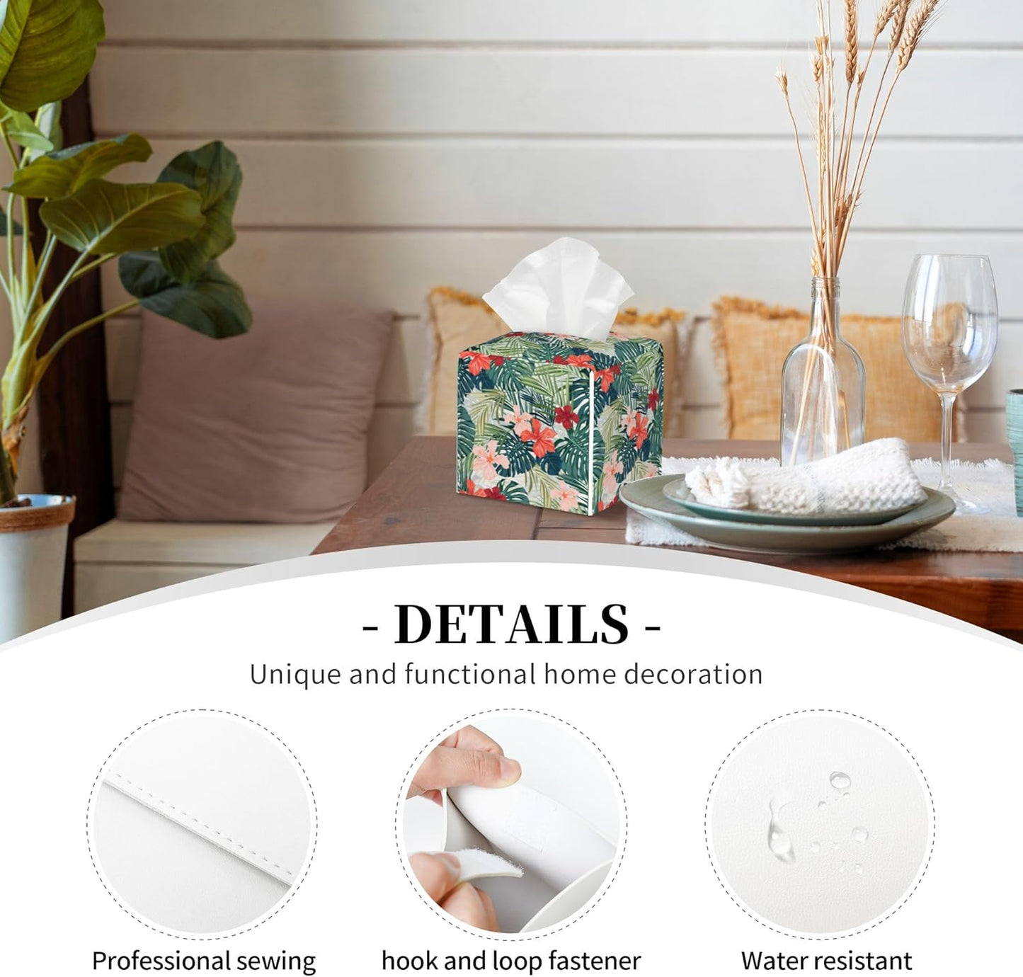 Palm Leaves and Flowers Tissue Box Cover Square,Tropical Plants and Floral Tissue Box Holder Waterproof Leather Facial Paper Organizer Dispenser for Bathroom Home Car Nightstand Vanity Desk