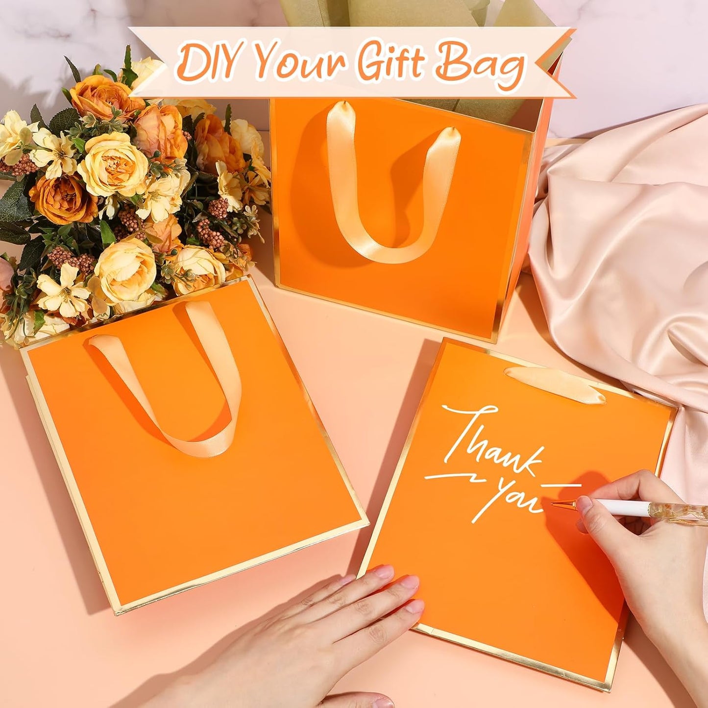 Yeaqee 24 Pack Metallic Paper Gift Bags with Handle and Tissue 9x7x3.1 Gold Foil Welcome Favor Bags Return Gifts for Wedding Fall 5 Senses Christmas Bridesmaid Birthday(Orange, Gold)