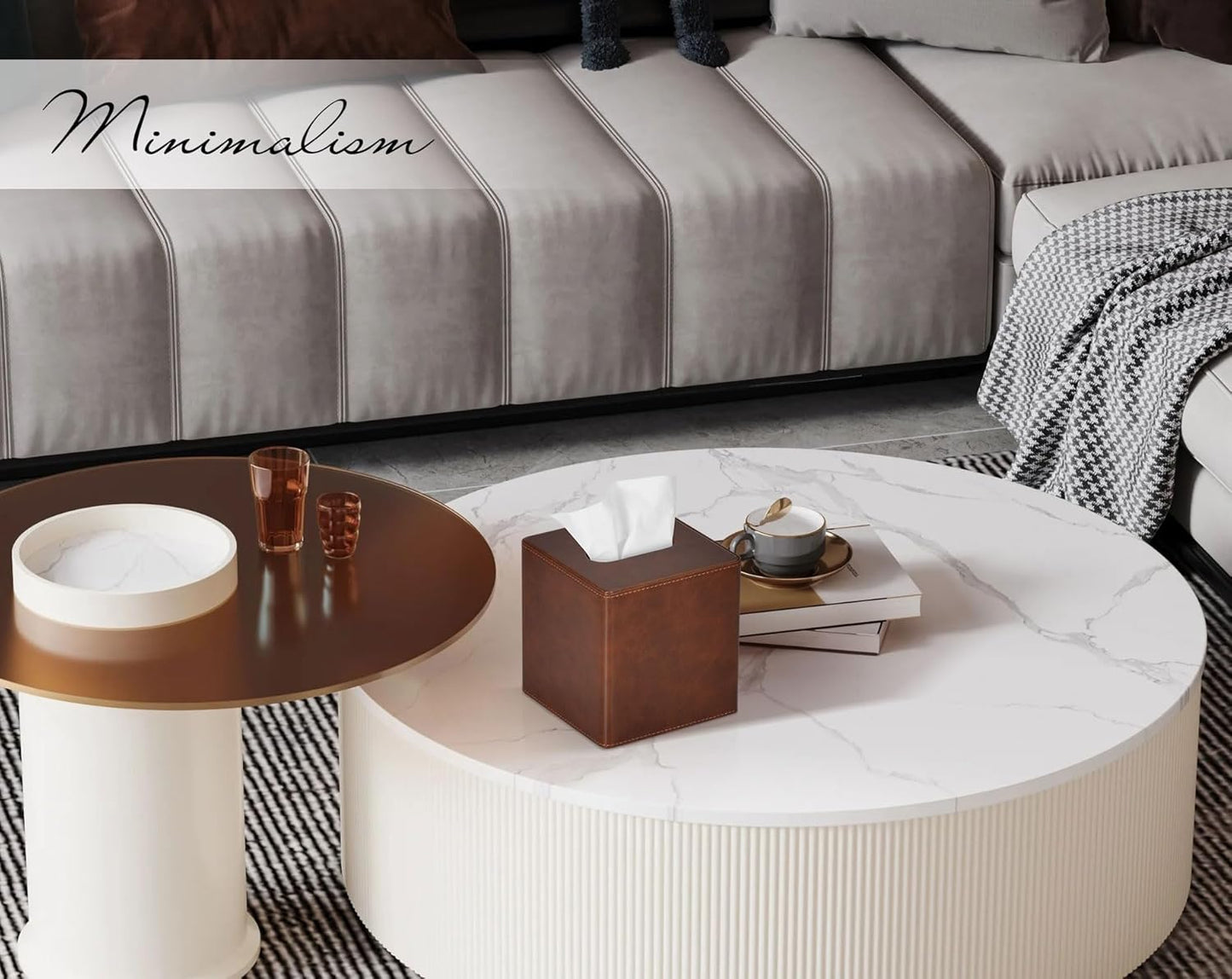 Tissue Box Cover Square PU Leather Facial Tissue Box Holder for Dresser Bathroom Decor (Brown)