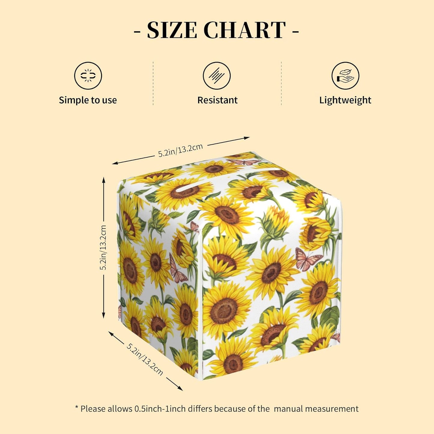 Tissue Box Cover Square,Sunflowers and Butterfly Tissue Box Holder Waterproof Leather Facial Paper Case Modern Home Decoration for Bedroom Dresser Night Stand Office Desk
