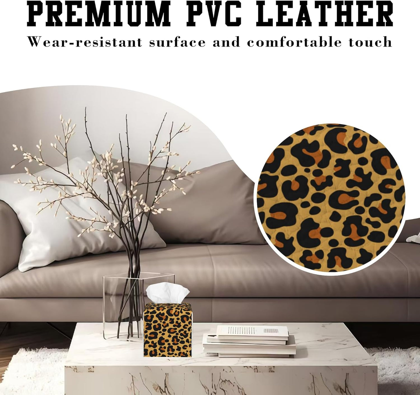 Leopard Print Tissue Box Cover Square, Tissue Box Holder Leather Facial Paper Case Decorative Organizer Holder Dispenser Home Office Car Decor