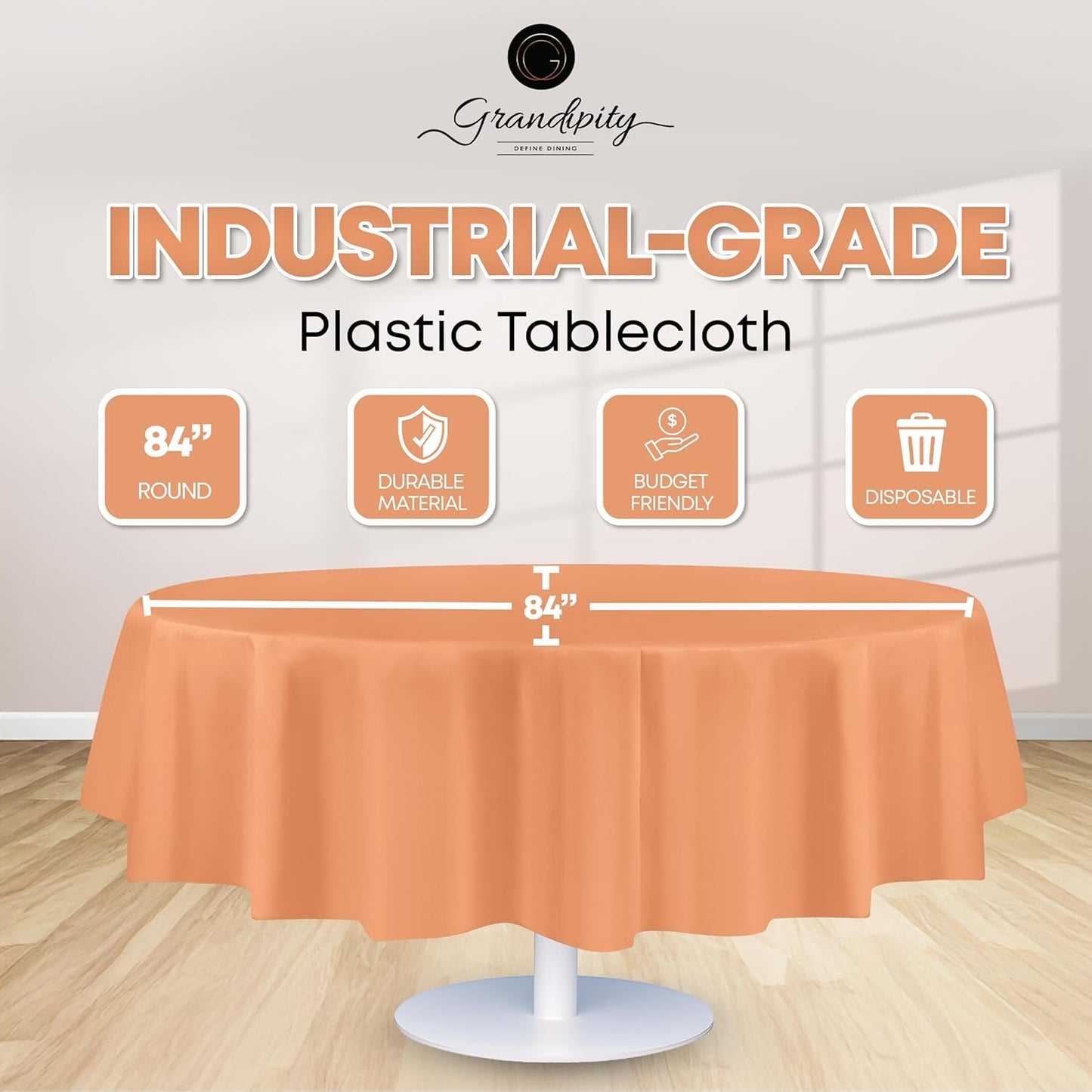 Grandipity Peach 12 Pack Premium Disposable Plastic Tablecloth 84" Inch Decorative Round Table Cover