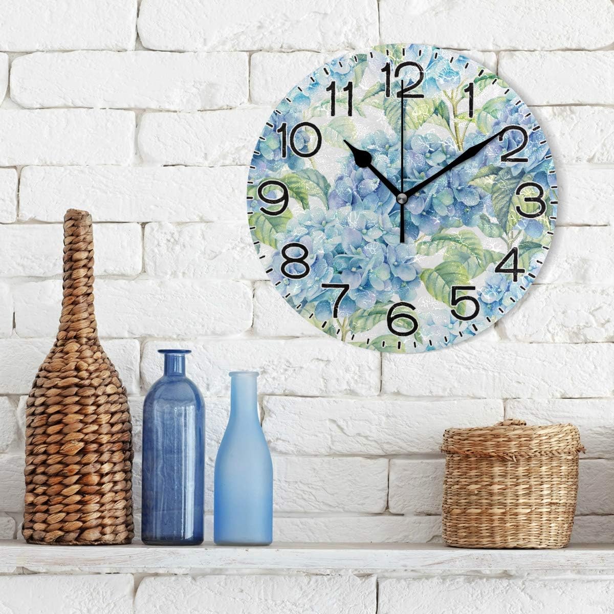 Hydrangea Watercolor Wall Clock Battery Operated Non Ticking Silent Quartz Analog Rustic Farmhouse Round Clock Retro Decor for Home Kitchen Living Room Bathroom
