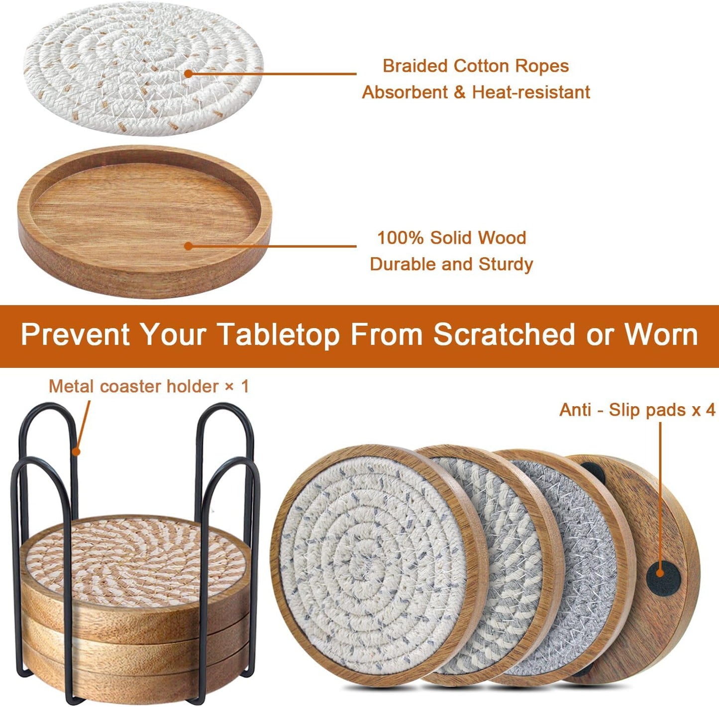 Coasters for Drinks Absorbent Sets of 8, Woven Coasters with Holder, Wood Coasters for Coffee Table, Housewarming Gift for Farmhouse Home Decor, 4 inches Brown & Gray