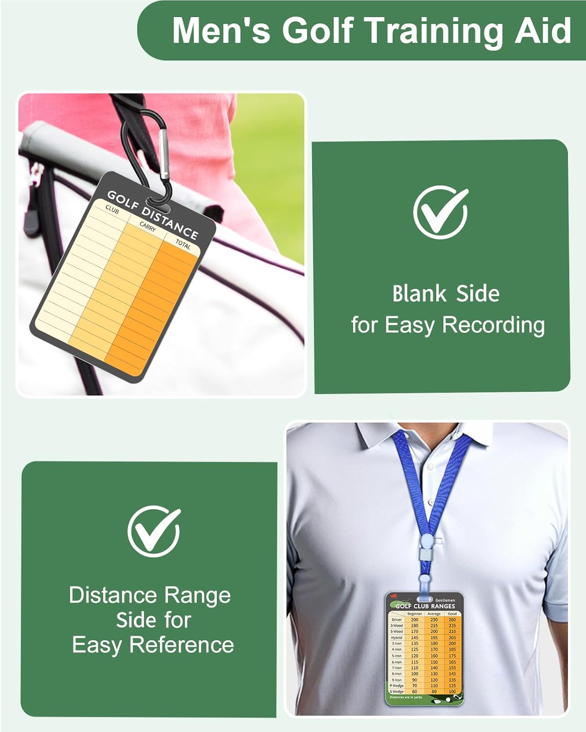 Swooflia Golf Club Distance Card - 2 Pack or 1 Pack Golf Club Range Chart Card, Swing Minder Reference & Blank Distance Yardage Scorecard, Golf Bag Accessories Gifts for Men Women Golfers