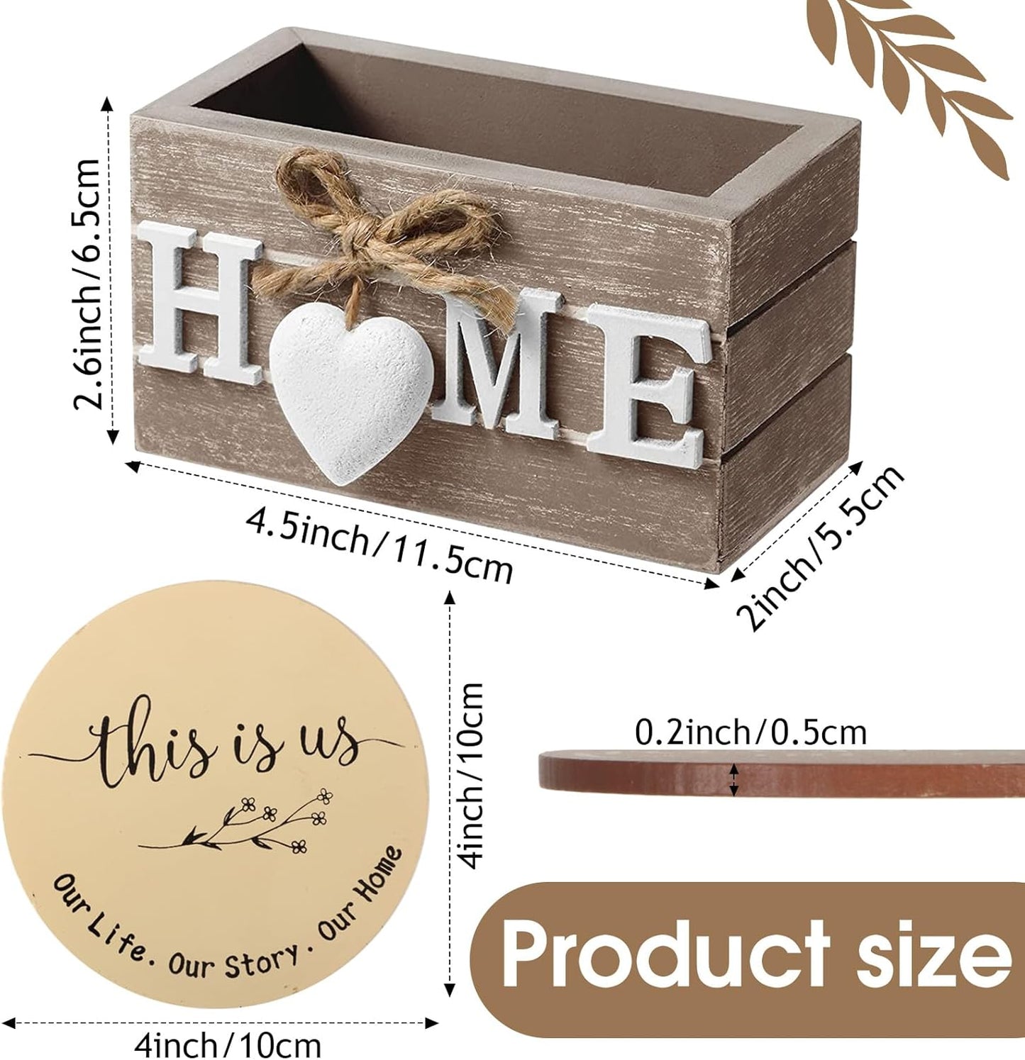 Queekay Housewarming Gifts for Home Decoration Wooden Heart Coasters for Drinks 6 Set Farmhouse Coasters with Holder Funny for Family Coffee Table Protection, 4''(Brown)