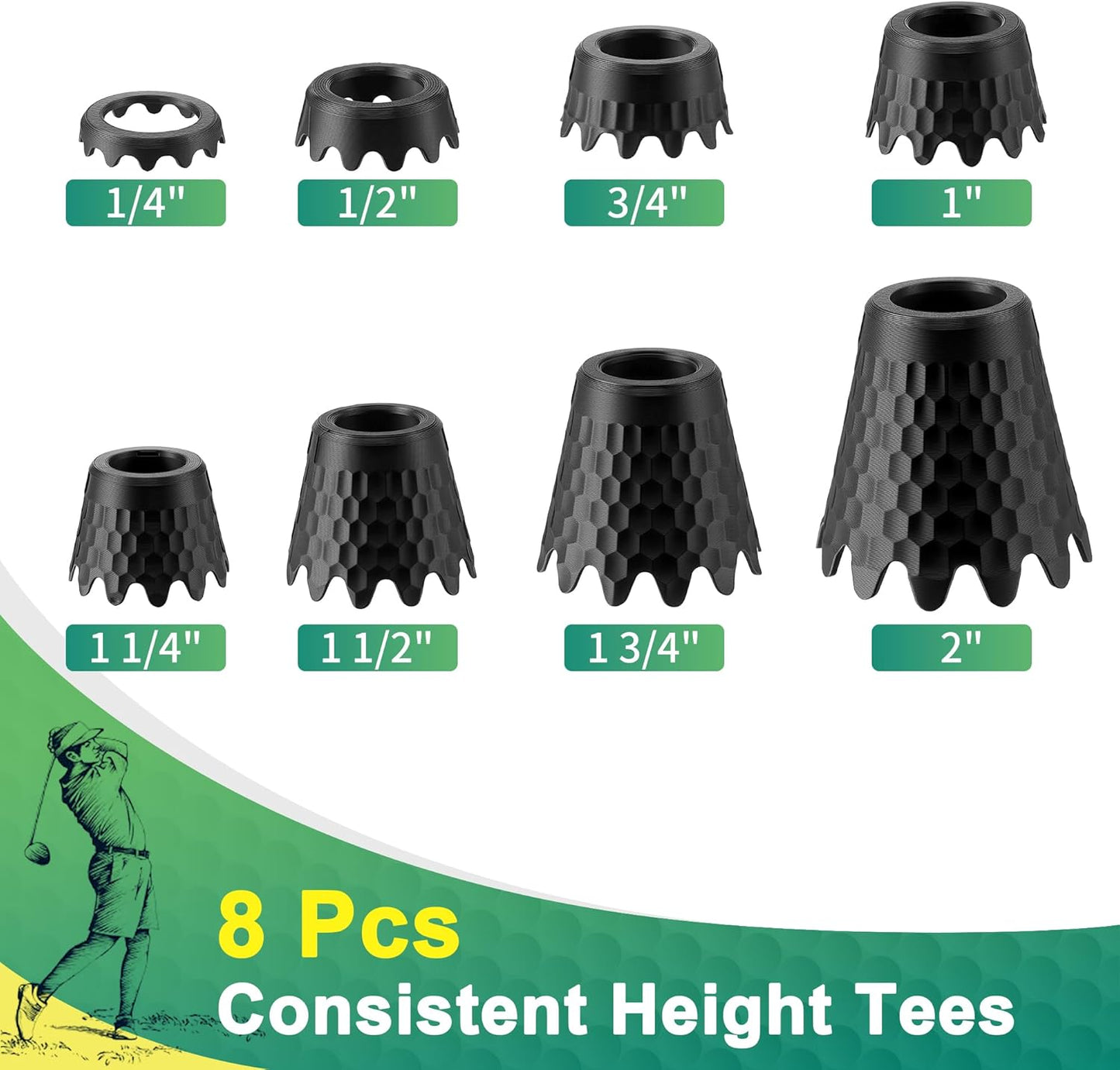 8 Pack ‌Simulator Golf Tees, TPU Unbreakable Material, Height from 1/4" to 2", Suitable for Indoor, Outdoor, Winter, Golf Mats, Turf and Driving Range